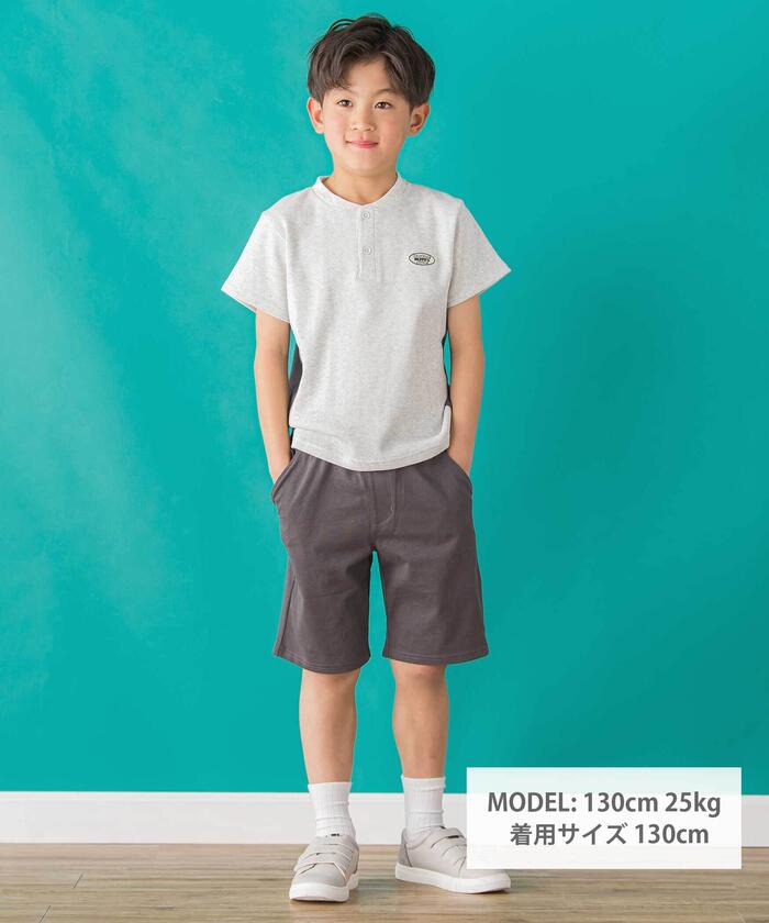 ベベ プチ ポワ ヴェール BeBe Petits Pois Vert 【店舗限定】ワッフル×天竺ワッペン半袖Tシャツ＋ショートパンツセットアップ(95 （ネイビー×ブルー） ネイビー×ブルー