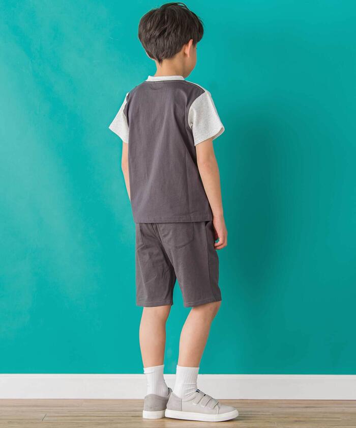 ベベ プチ ポワ ヴェール BeBe Petits Pois Vert 【店舗限定】ワッフル×天竺ワッペン半袖Tシャツ＋ショートパンツセットアップ(95 （ネイビー×ブルー） ネイビー×ブルー