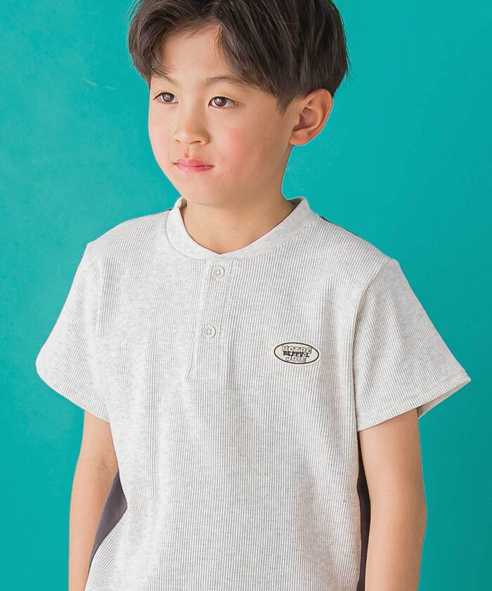 ベベ プチ ポワ ヴェール BeBe Petits Pois Vert 【店舗限定】ワッフル×天竺ワッペン半袖Tシャツ＋ショートパンツセットアップ(95 （ネイビー×ブルー） ネイビー×ブルー