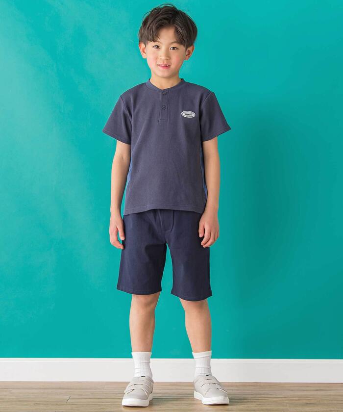 ベベ プチ ポワ ヴェール BeBe Petits Pois Vert 【店舗限定】ワッフル×天竺ワッペン半袖Tシャツ＋ショートパンツセットアップ(95 （ネイビー×ブルー） ネイビー×ブルー