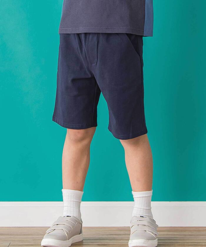 ベベ プチ ポワ ヴェール BeBe Petits Pois Vert 【店舗限定】ワッフル×天竺ワッペン半袖Tシャツ＋ショートパンツセットアップ(95 （ネイビー×ブルー） ネイビー×ブルー