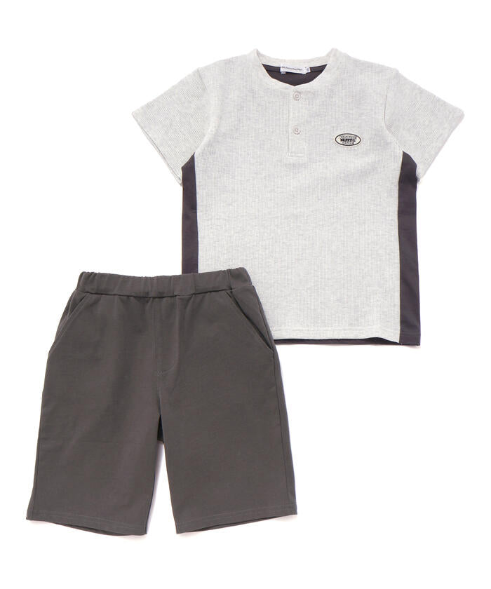 ベベ プチ ポワ ヴェール BeBe Petits Pois Vert 【店舗限定】ワッフル×天竺ワッペン半袖Tシャツ＋ショートパンツセットアップ(95 （ネイビー×ブルー） ネイビー×ブルー