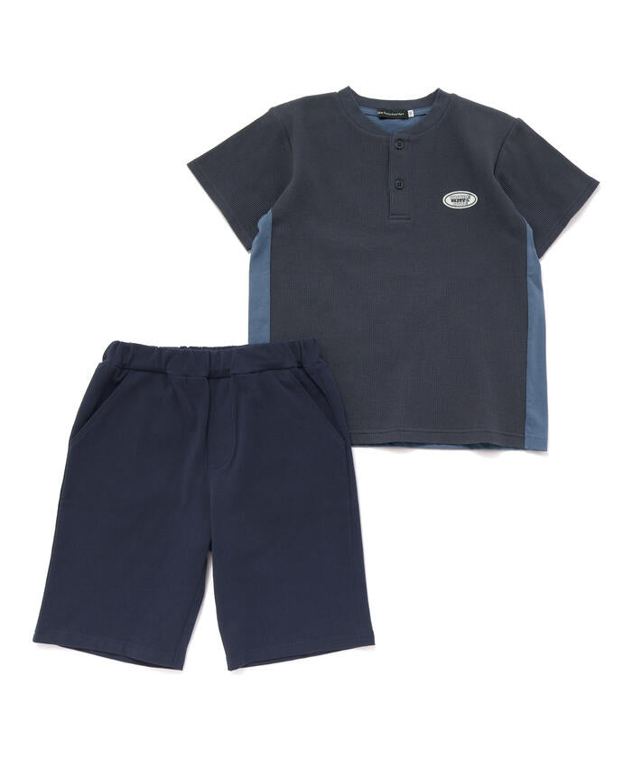 ベベ プチ ポワ ヴェール BeBe Petits Pois Vert 【店舗限定】ワッフル×天竺ワッペン半袖Tシャツ＋ショートパンツセットアップ(95 （ネイビー×ブルー） ネイビー×ブルー