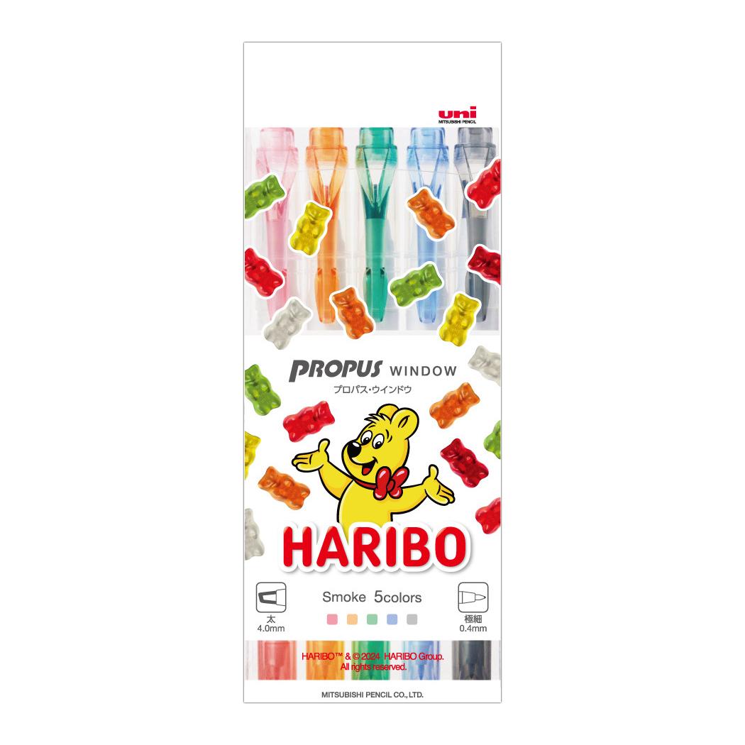 シネマコレクション cinemacollection HARIBO ハリボー カラーペン プロパスウインドウ 5色セット スモークカラー お菓子パッケージ 三菱鉛筆 新学期準備文具 事務用品 グミ型ステッカー付き  （メーカー指定色） メーカー指定色