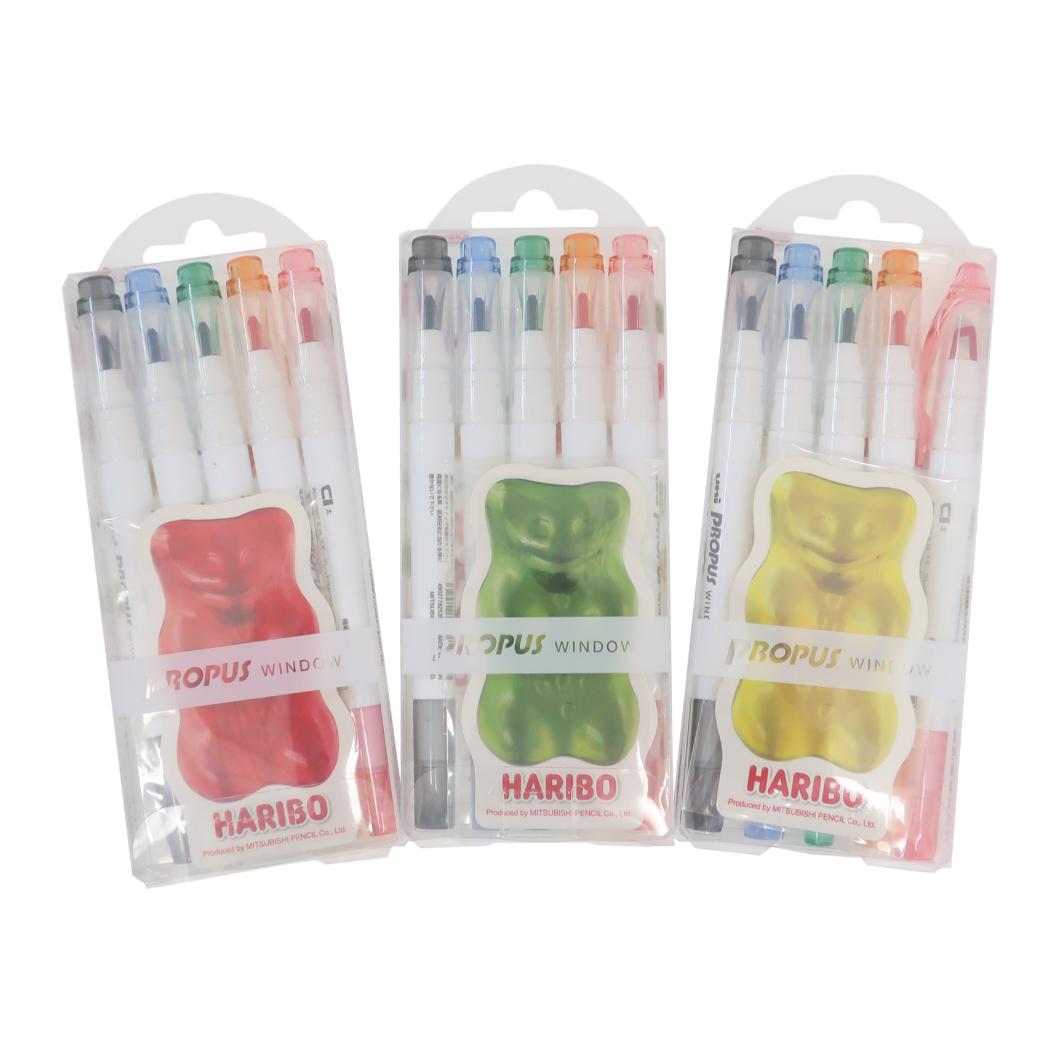 シネマコレクション cinemacollection HARIBO ハリボー カラーペン プロパスウインドウ 5色セット スモークカラー お菓子パッケージ 三菱鉛筆 新学期準備文具 事務用品 グミ型ステッカー付き  （メーカー指定色） メーカー指定色