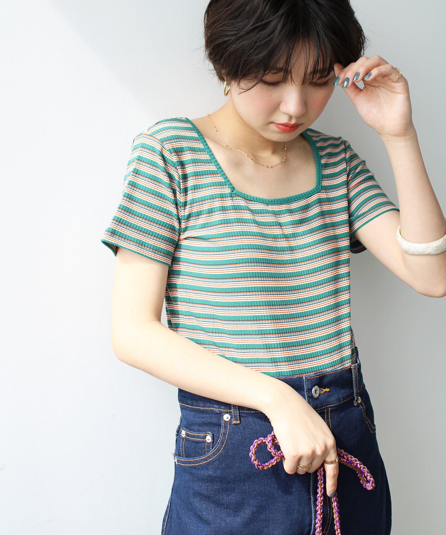 エヌエフ n.f. テレコリブTシャツ,グリーン系
