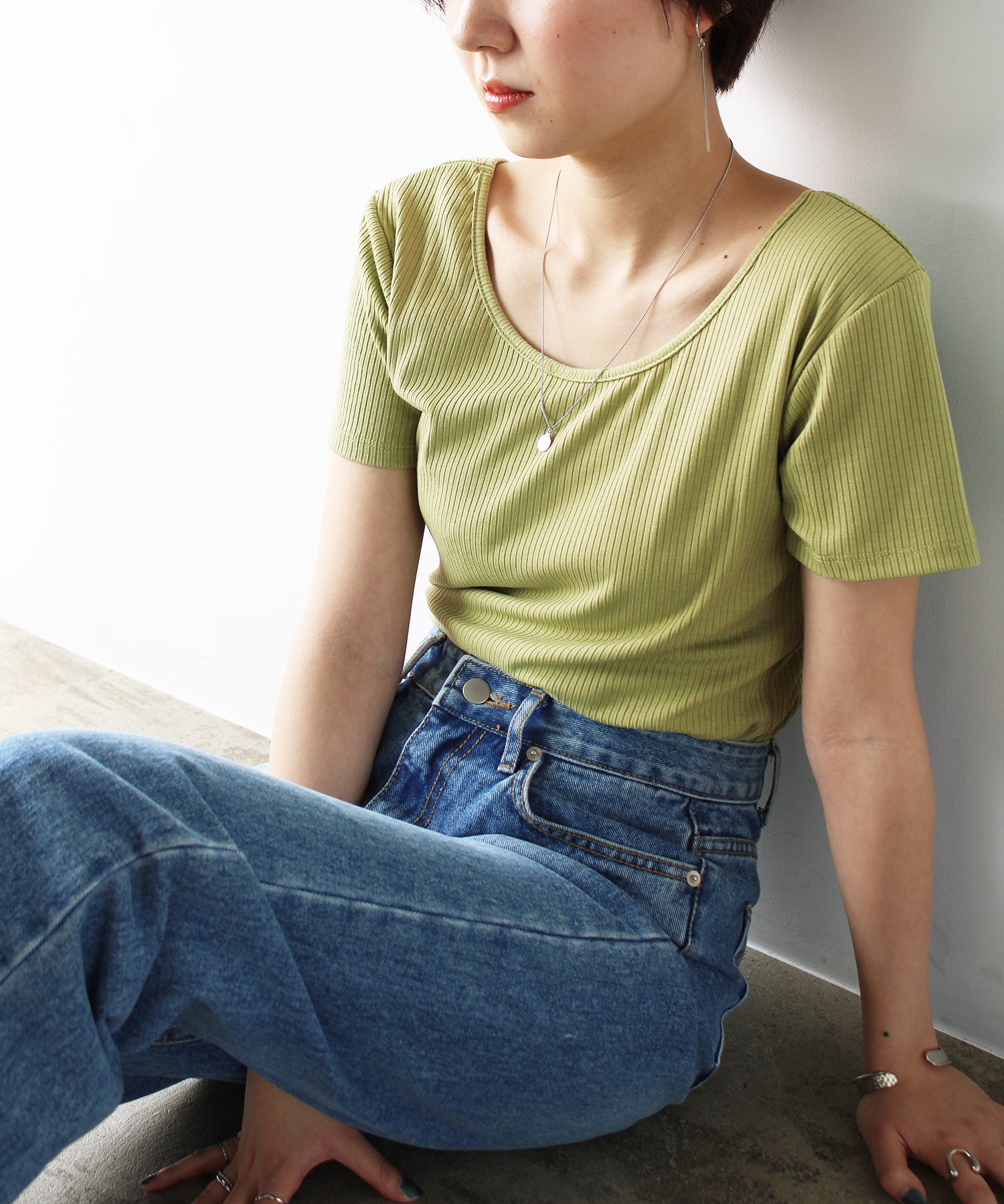 エヌエフ n.f. テレコリブTシャツ,ライトグリーン