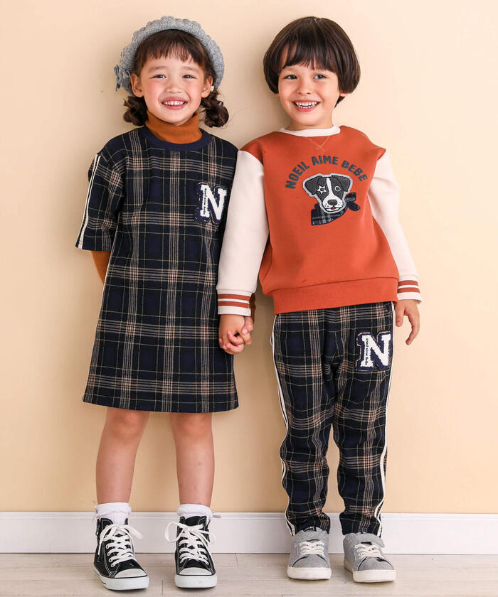 ノイユ エーム ベベ Noeil aime BeBe 【 お揃い 】チェックジャガードサイドラインワンピース