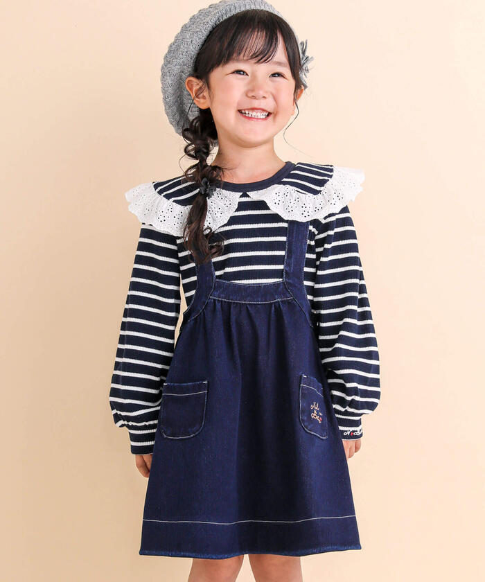 ノイユ エーム ベベ Noeil aime BeBe ニットデニムジャンパースカート,ネイビー