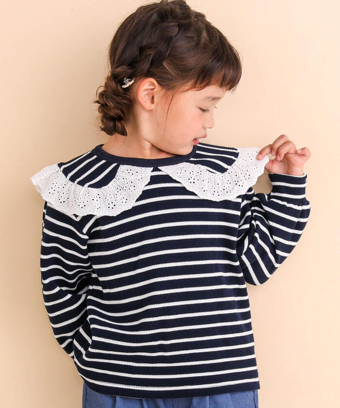 ノイユ エーム ベベ Noeil aime BeBe フラットカラーボーダーブラウスTシャツ,ネイビー系