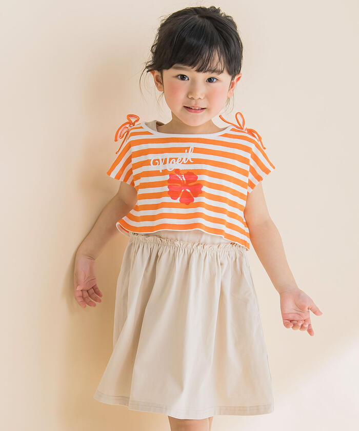 ノイユ エーム ベベ Noeil aime BeBe 【2点セット】ボーダーショートTシャツ＆ランニングワンピース,オレンジ系