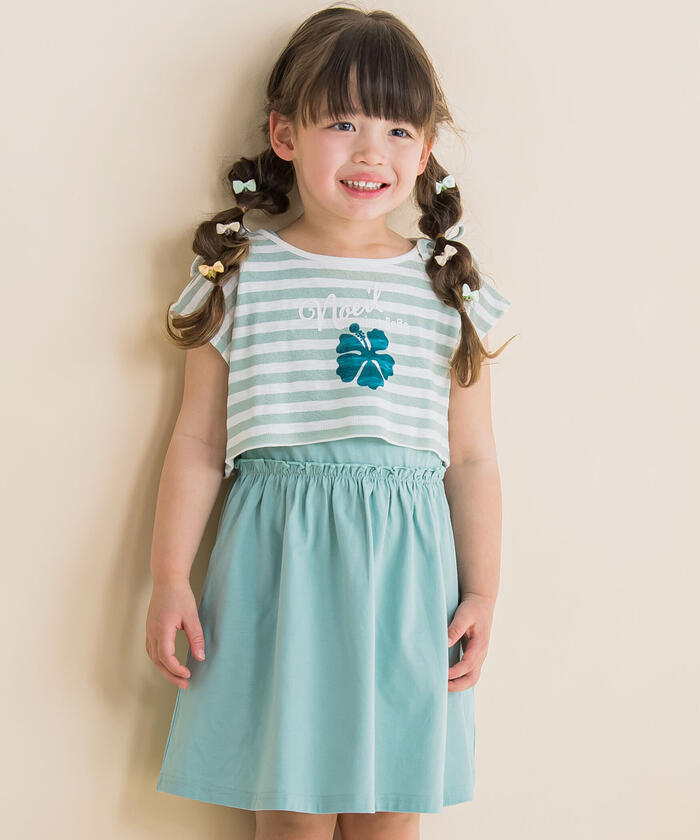 ノイユ エーム ベベ Noeil aime BeBe 【2点セット】ボーダーショートTシャツ＆ランニングワンピース,ブルー系
