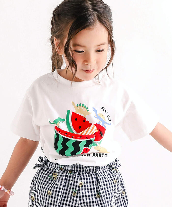 スラップ スリップ SLAP SLIP のびのびストローフルーツプリント半袖Tシャツ,ホワイト