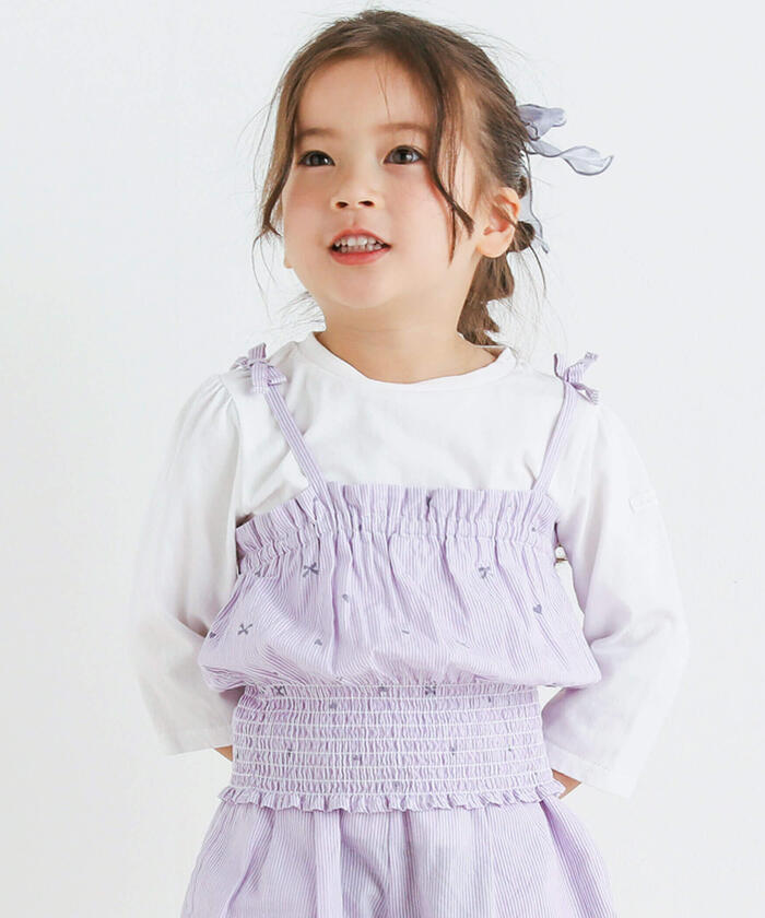 Slap Slip SLAP SLIP 【Matching】 Gingham Check Stripe Pattern Bustier Docking 7/8 Sleeve T-Shirt (80~1