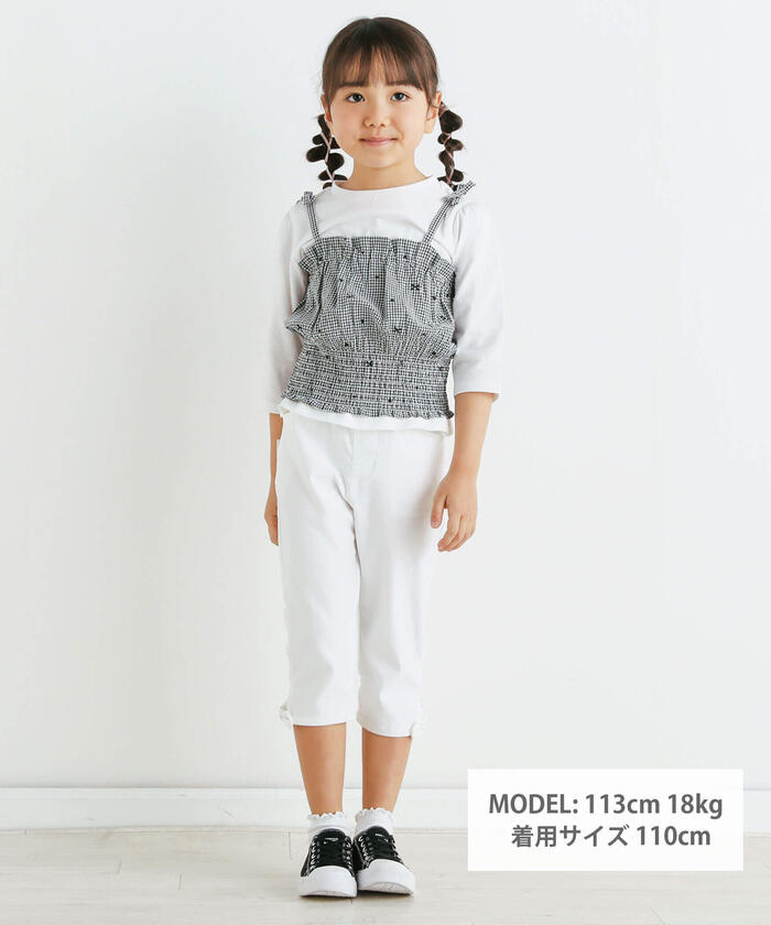 Slap Slip SLAP SLIP 【Matching】 Gingham Check Stripe Pattern Bustier Docking 7/8 Sleeve T-Shirt (80~1