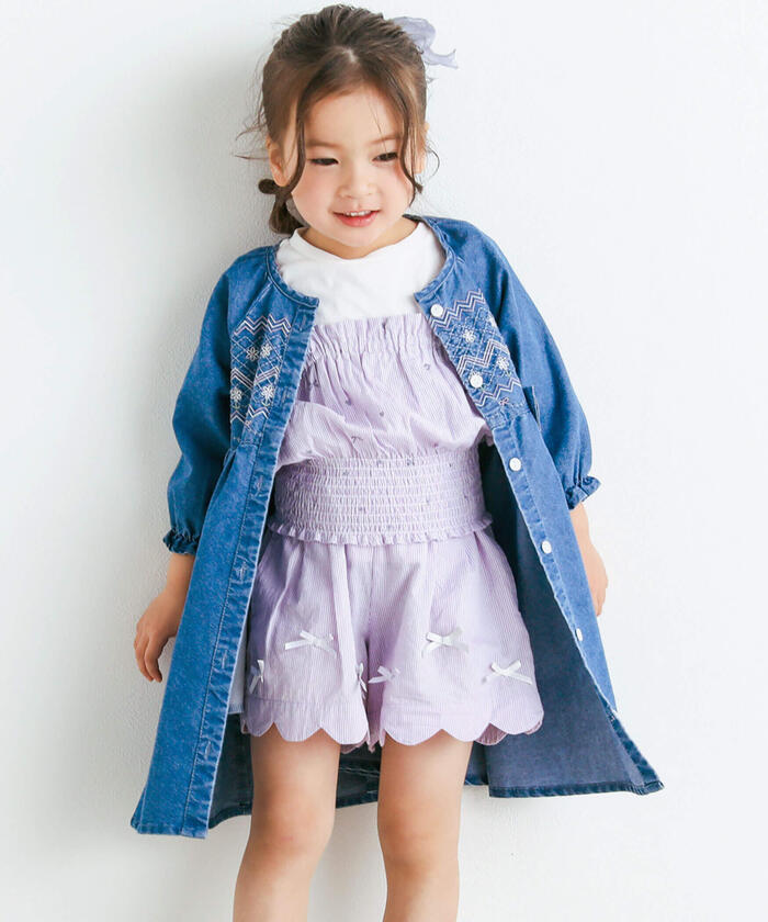 Slap Slip SLAP SLIP 【Matching】 Gingham Check Stripe Pattern Bustier Docking 7/8 Sleeve T-Shirt (80~1