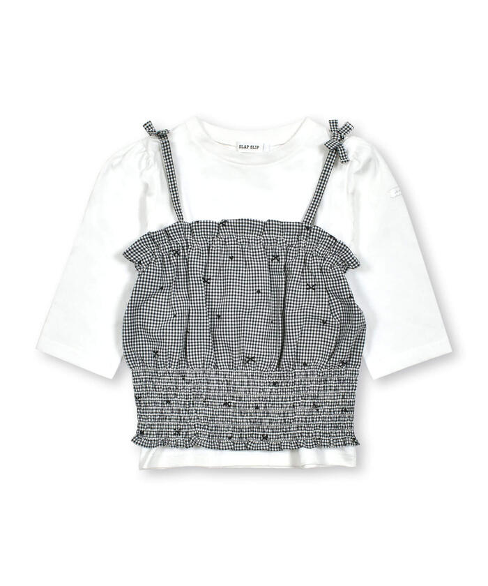 Slap Slip SLAP SLIP 【Matching】 Gingham Check Stripe Pattern Bustier Docking 7/8 Sleeve T-Shirt (80~1