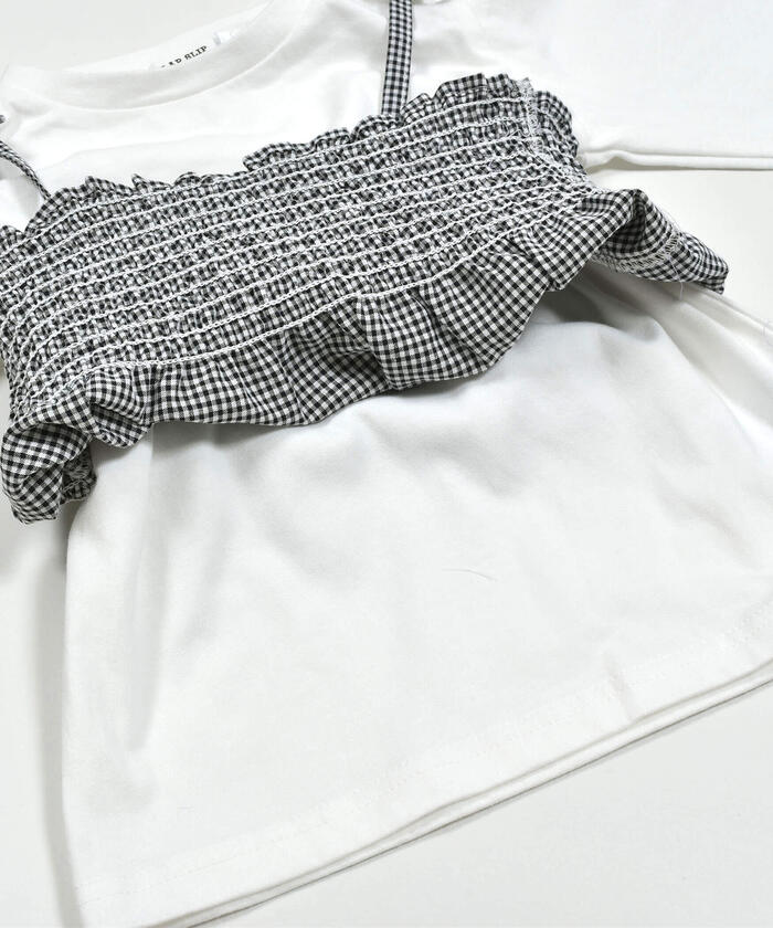 Slap Slip SLAP SLIP 【Matching】 Gingham Check Stripe Pattern Bustier Docking 7/8 Sleeve T-Shirt (80~1