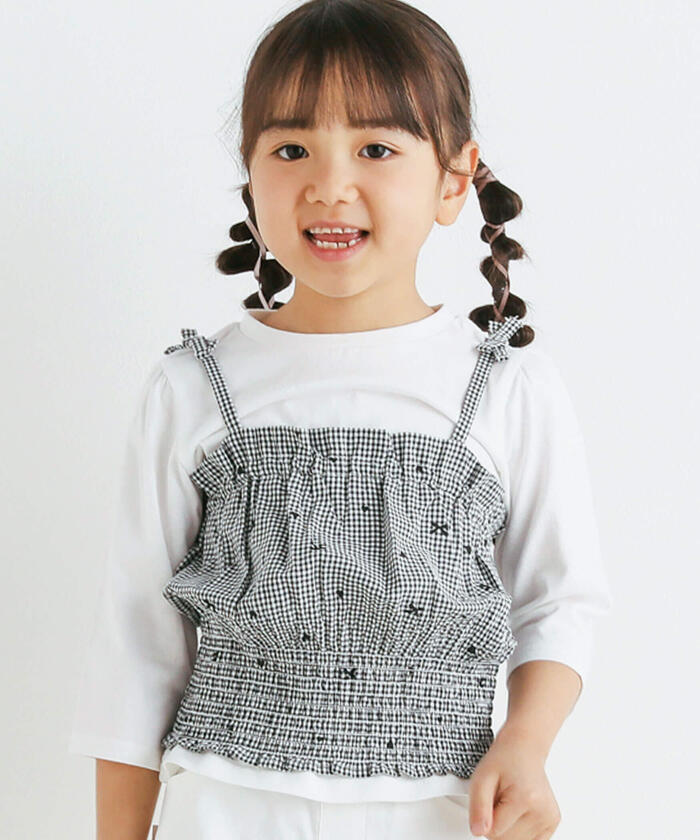 Slap Slip SLAP SLIP 【Matching】 Gingham Check Stripe Pattern Bustier Docking 7/8 Sleeve T-Shirt (80~1