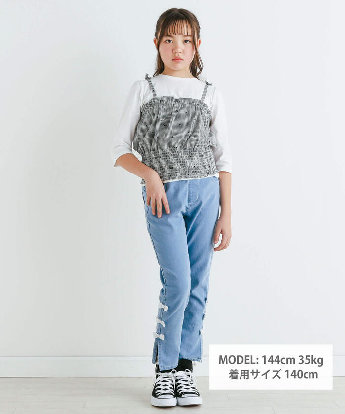 Slap Slip SLAP SLIP 【Matching】 Gingham Check Stripe Pattern Bustier Docking 7/8 Sleeve T-Shirt (80~1