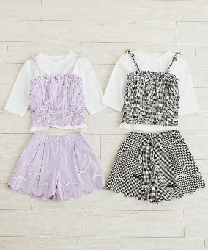 Slap Slip SLAP SLIP 【Matching】 Gingham Check Stripe Pattern Bustier Docking 7/8 Sleeve T-Shirt (80~1