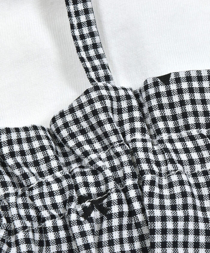 Slap Slip SLAP SLIP 【Matching】 Gingham Check Stripe Pattern Bustier Docking 7/8 Sleeve T-Shirt (80~1