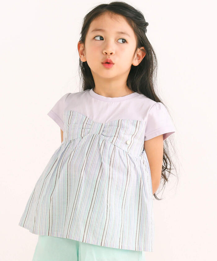 Slap Slip SLAP SLIP 【Matching】 Front Ribbon Check Stripe Pattern Switch Half Sleeve T-Shirt (80~130c)