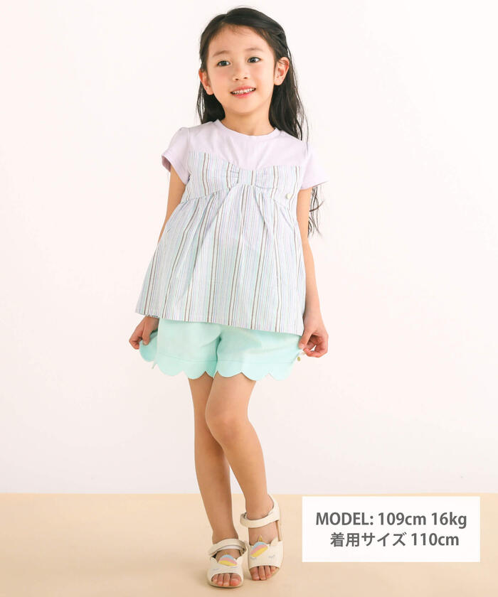 Slap Slip SLAP SLIP 【Matching】 Front Ribbon Check Stripe Pattern Switch Half Sleeve T-Shirt (80~130c)