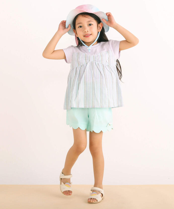 Slap Slip SLAP SLIP 【Matching】 Front Ribbon Check Stripe Pattern Switch Half Sleeve T-Shirt (80~130c)