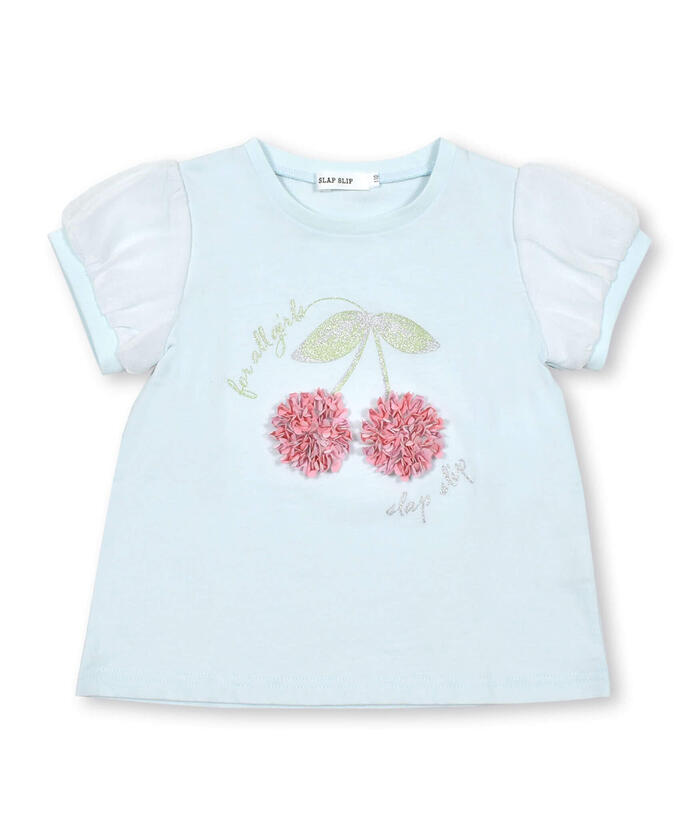 Slap Slip SLAP SLIP Strawberry Cherry Fluffy Motif Sparkling Chiffon Sleeve T-shirt