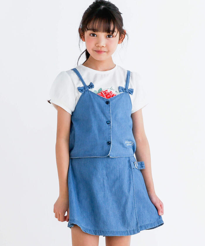 スラップ スリップ SLAP SLIP デニムビスチェハートバックルスカパンセットアップ(90~140cm) （ネイビー） ネイビー