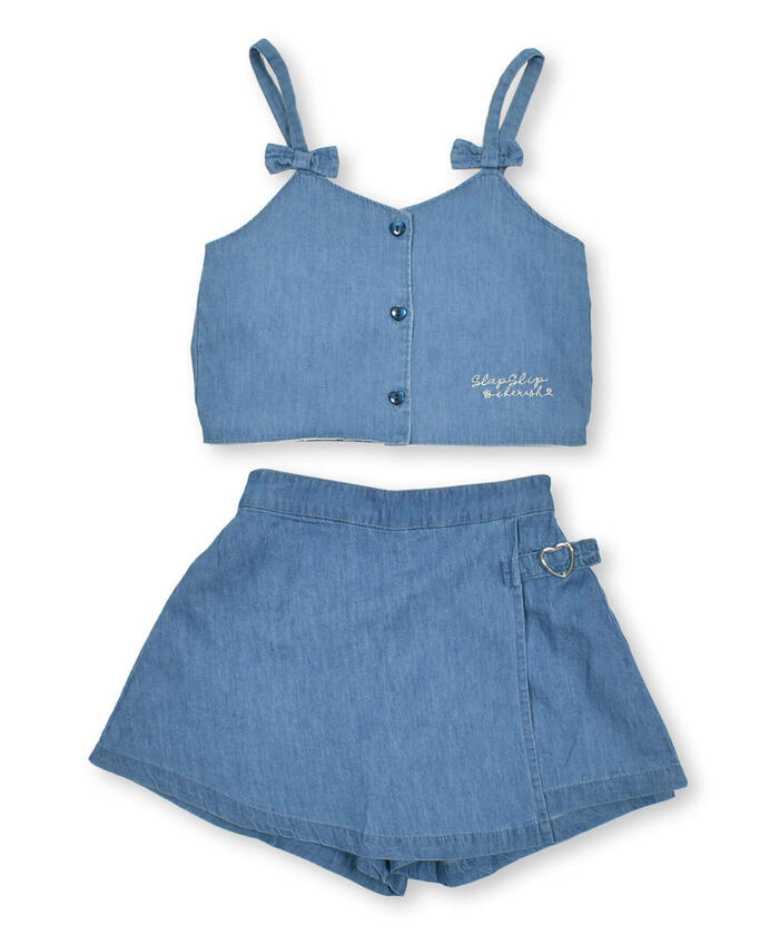 Slap Slip Denim Bustier Heart Buckle Skirt Set