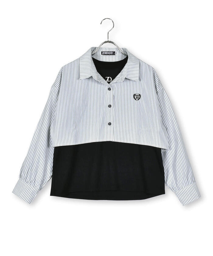 ZIDDY 【 Nico☆Puchi掲載 】 Stripe Shirt & Logo Embroidered T-Shirt Set (130~1)