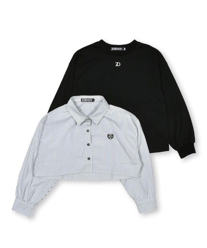 ZIDDY 【 Nico☆Puchi掲載 】 Stripe Shirt & Logo Embroidered T-Shirt Set (130~1)