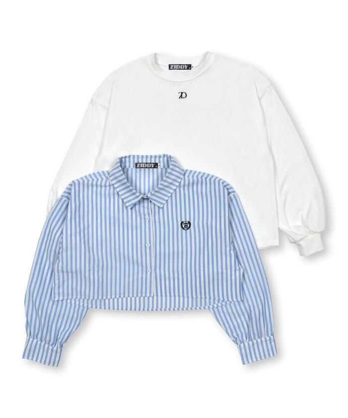 ZIDDY 【 Nico☆Puchi掲載 】 Stripe Shirt & Logo Embroidered T-Shirt Set (130~1)
