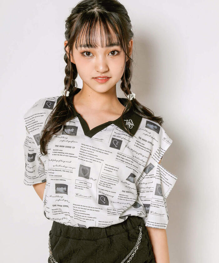 ジディー ZIDDY 【 ニコ☆プチ 掲載 】ニュースペーパー柄カットTシャツ,ホワイト系