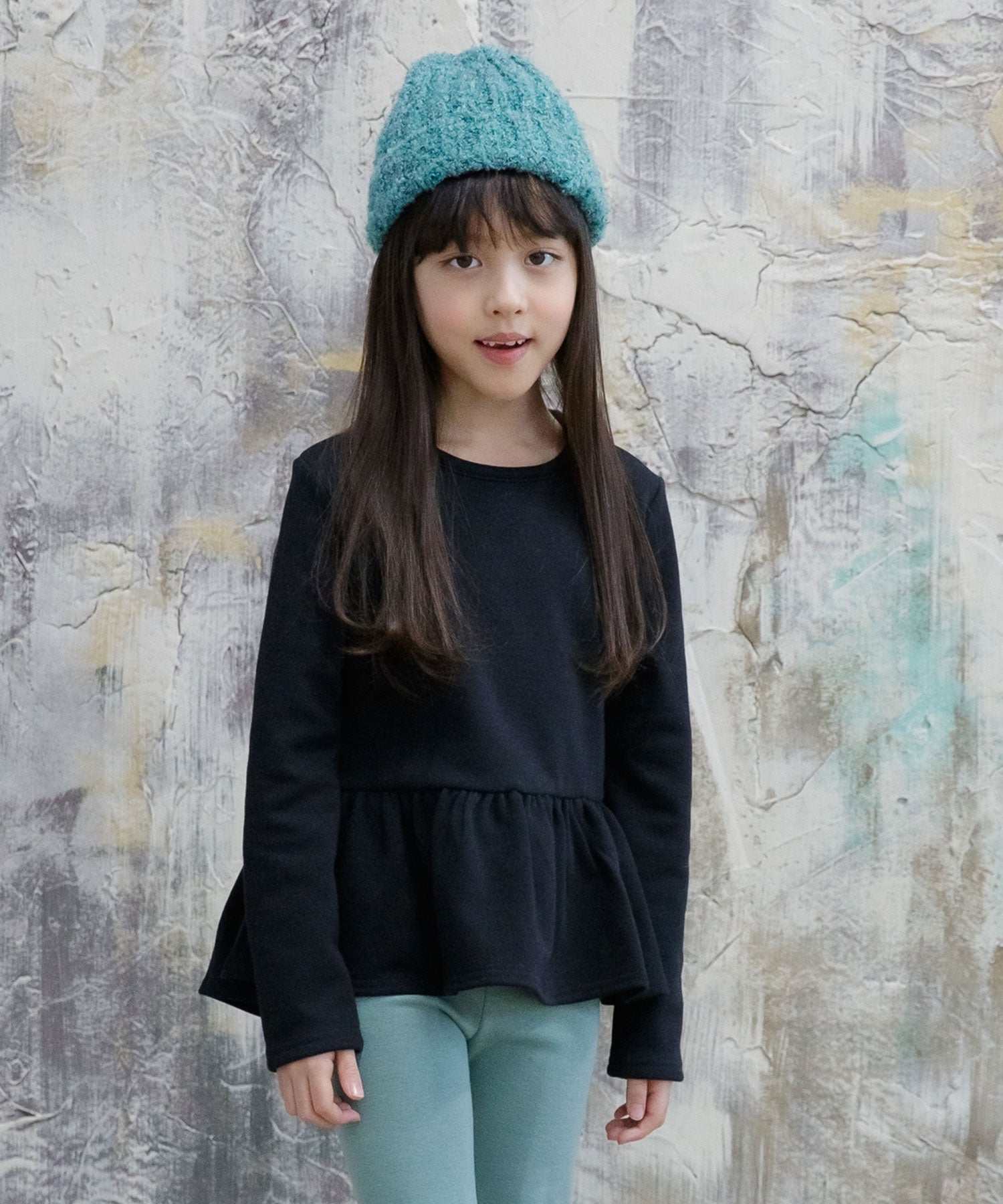 コドモフク ビー 子供服Bee 裏起毛ペプラムトップス,ブラック