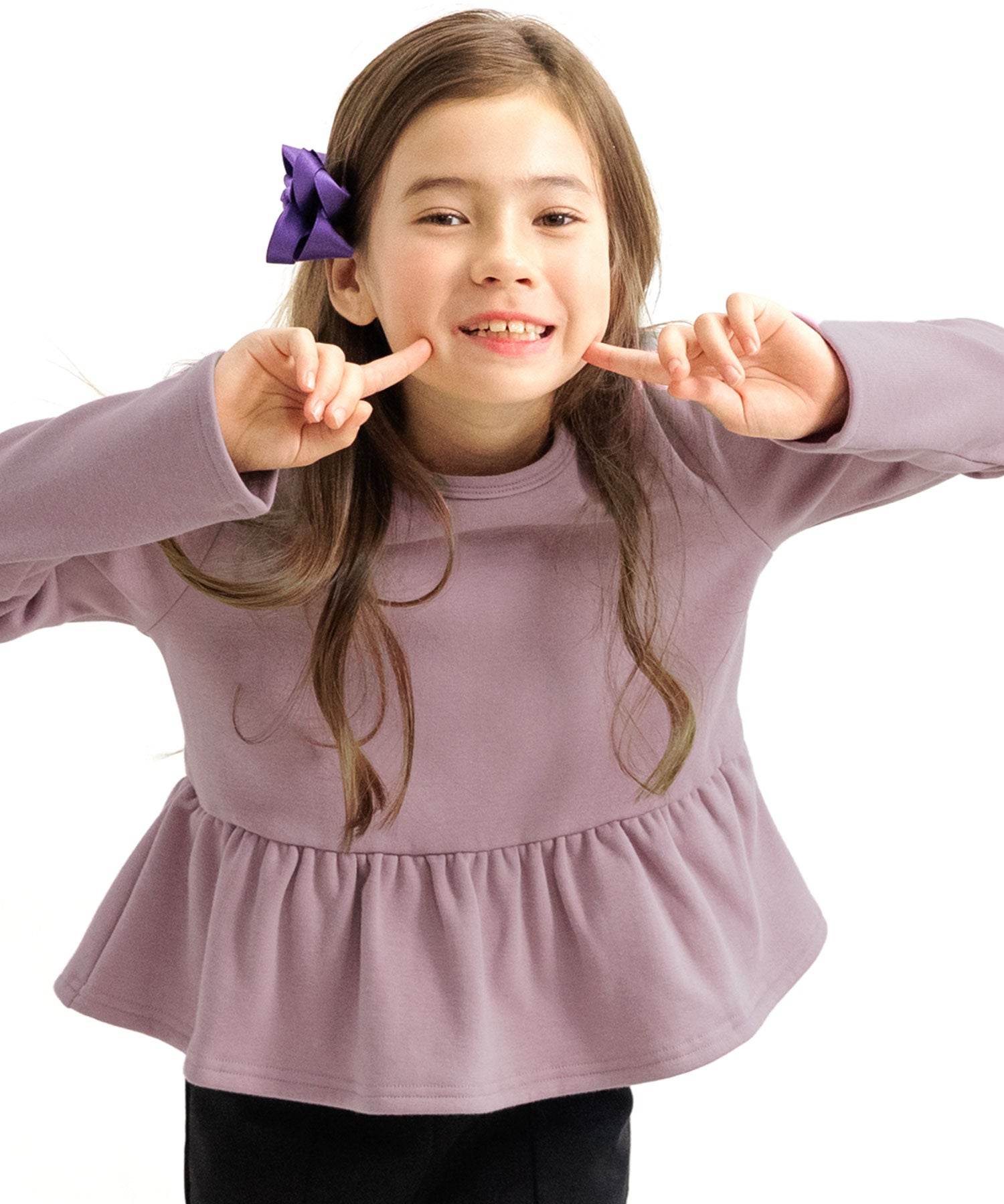 コドモフク ビー 子供服Bee 裏起毛ペプラムトップス,アッシュラベンダー×裏起毛