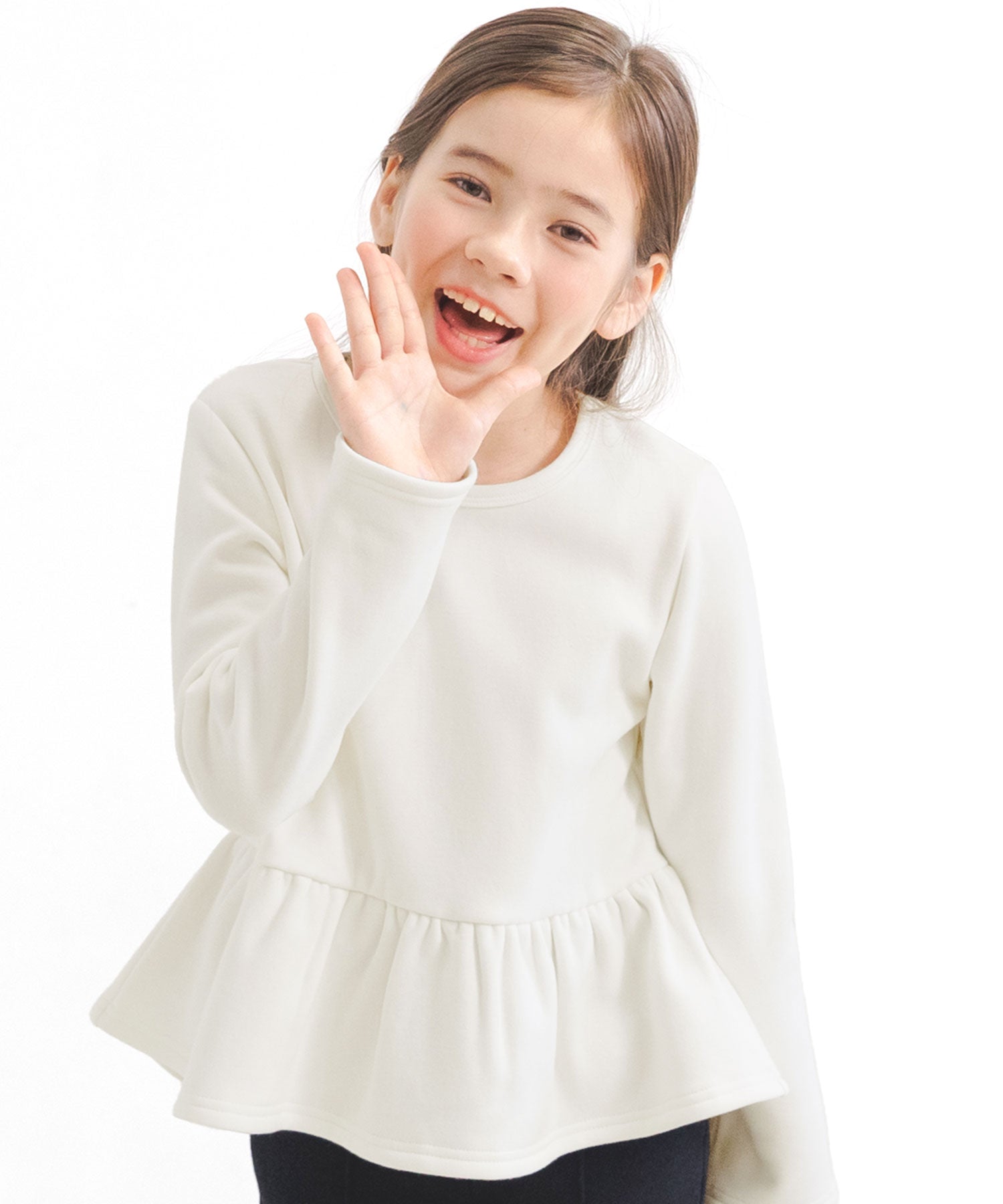 コドモフク ビー 子供服Bee 裏起毛ペプラムトップス,ホワイト×裏起毛