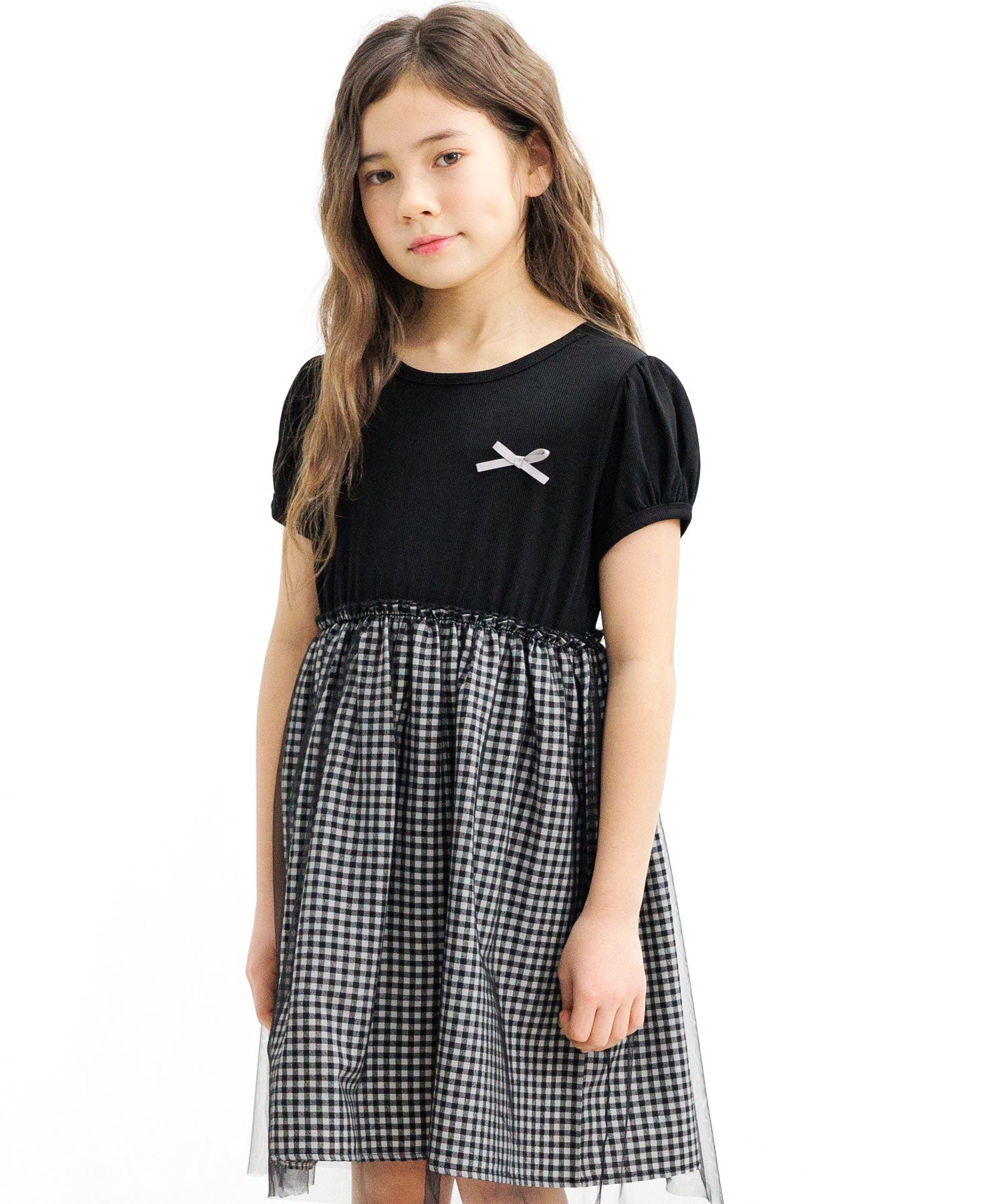 コドモフク ビー 子供服Bee 半袖ワンピース,ブラック×ギンガム