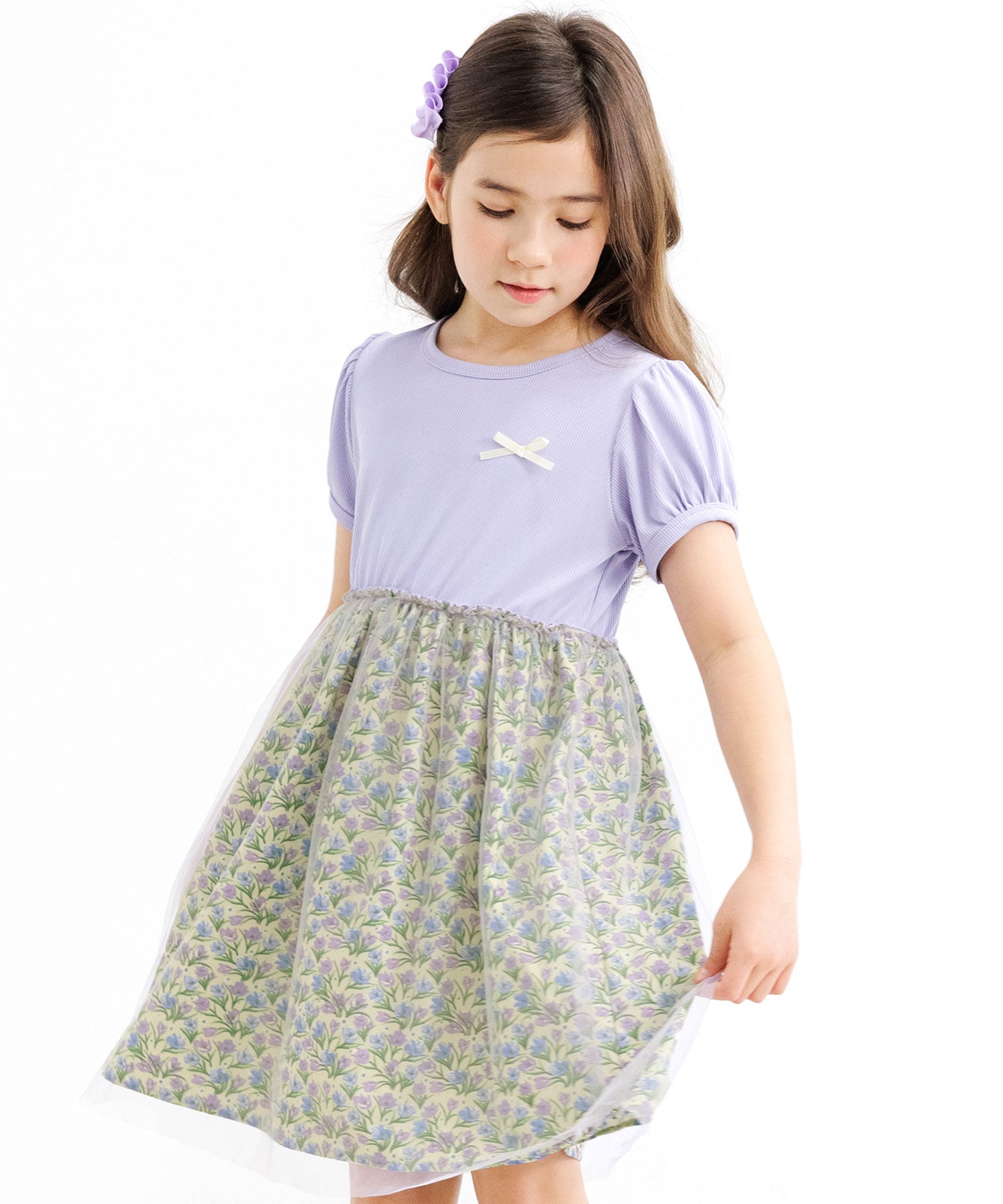 コドモフク ビー 子供服Bee 半袖ワンピース,ラベンダー×パープル花柄