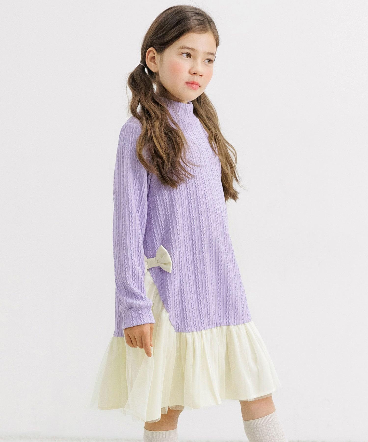 コドモフク ビー 子供服Bee 異素材切り替えワンピース,ラベンダー