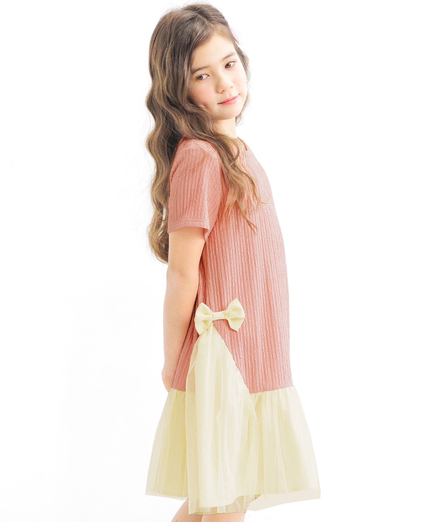 コドモフク ビー 子供服Bee 異素材切り替えワンピース ピンク