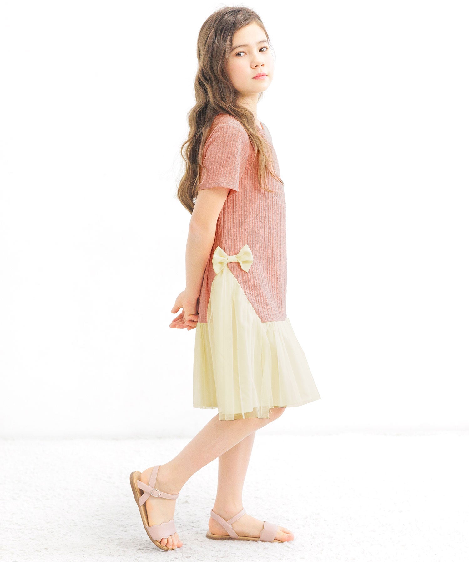 コドモフク ビー 子供服Bee 異素材切り替えワンピース ピンク