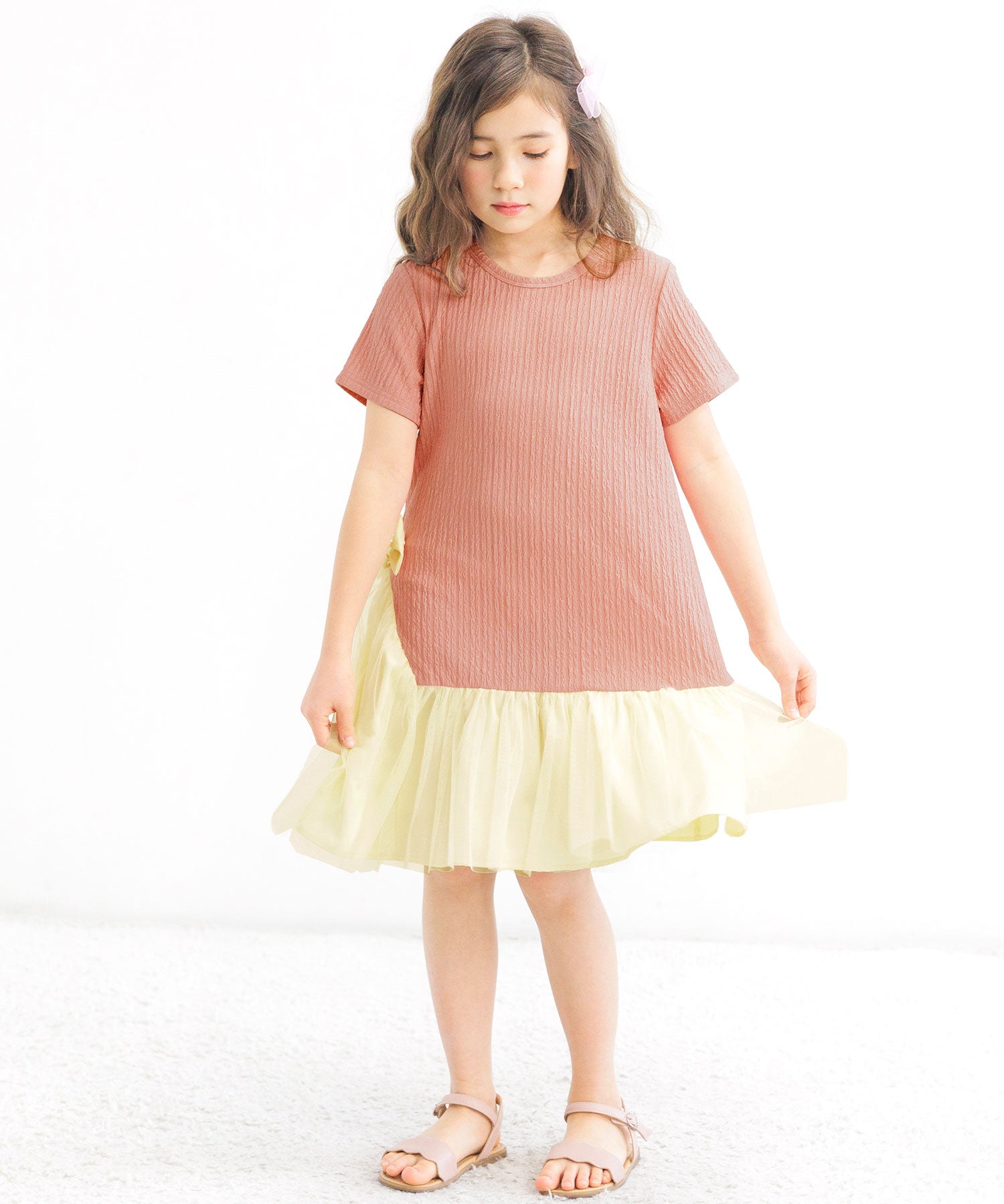 コドモフク ビー 子供服Bee 異素材切り替えワンピース ピンク