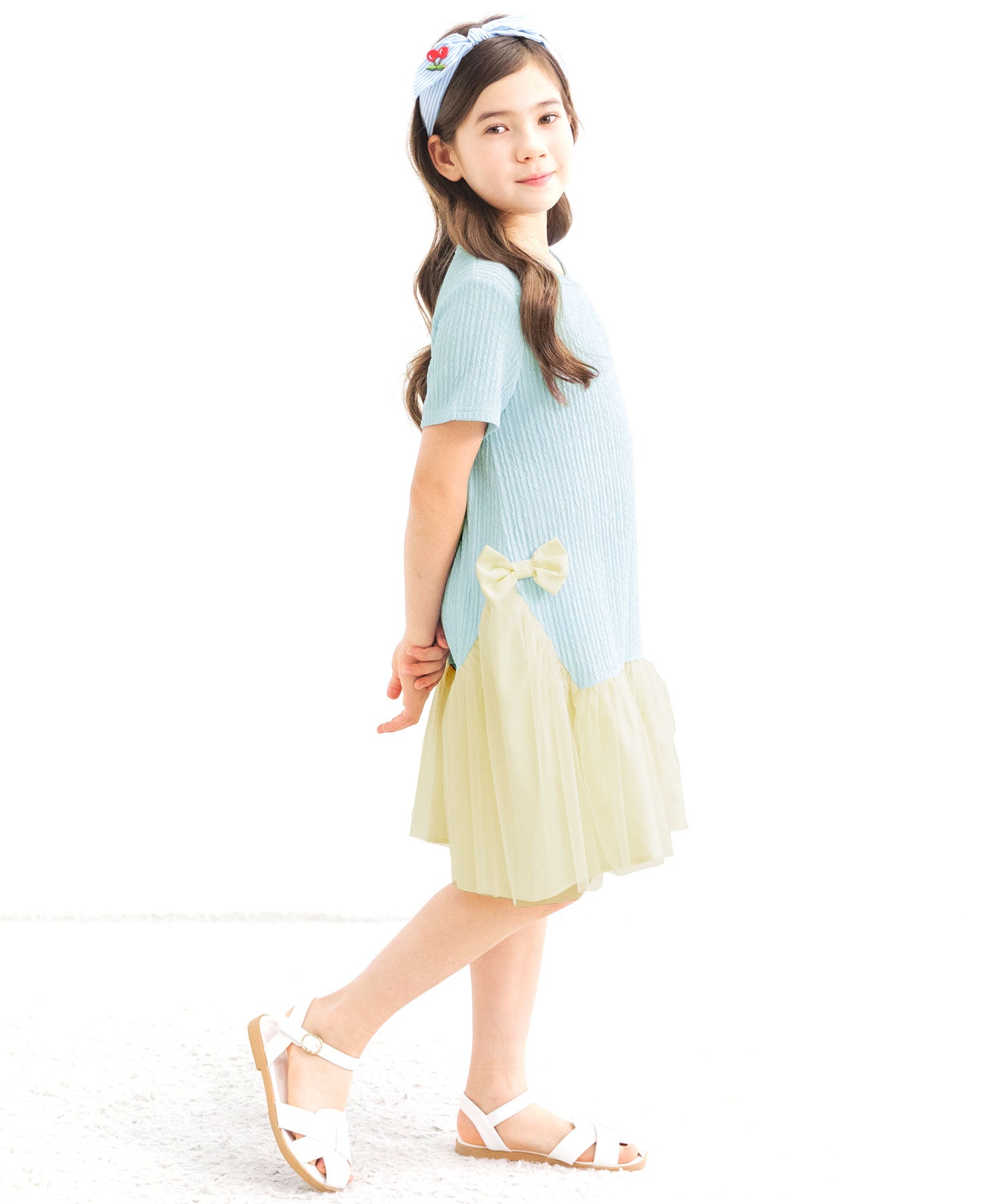 コドモフク ビー 子供服Bee 異素材切り替えワンピース ブルー