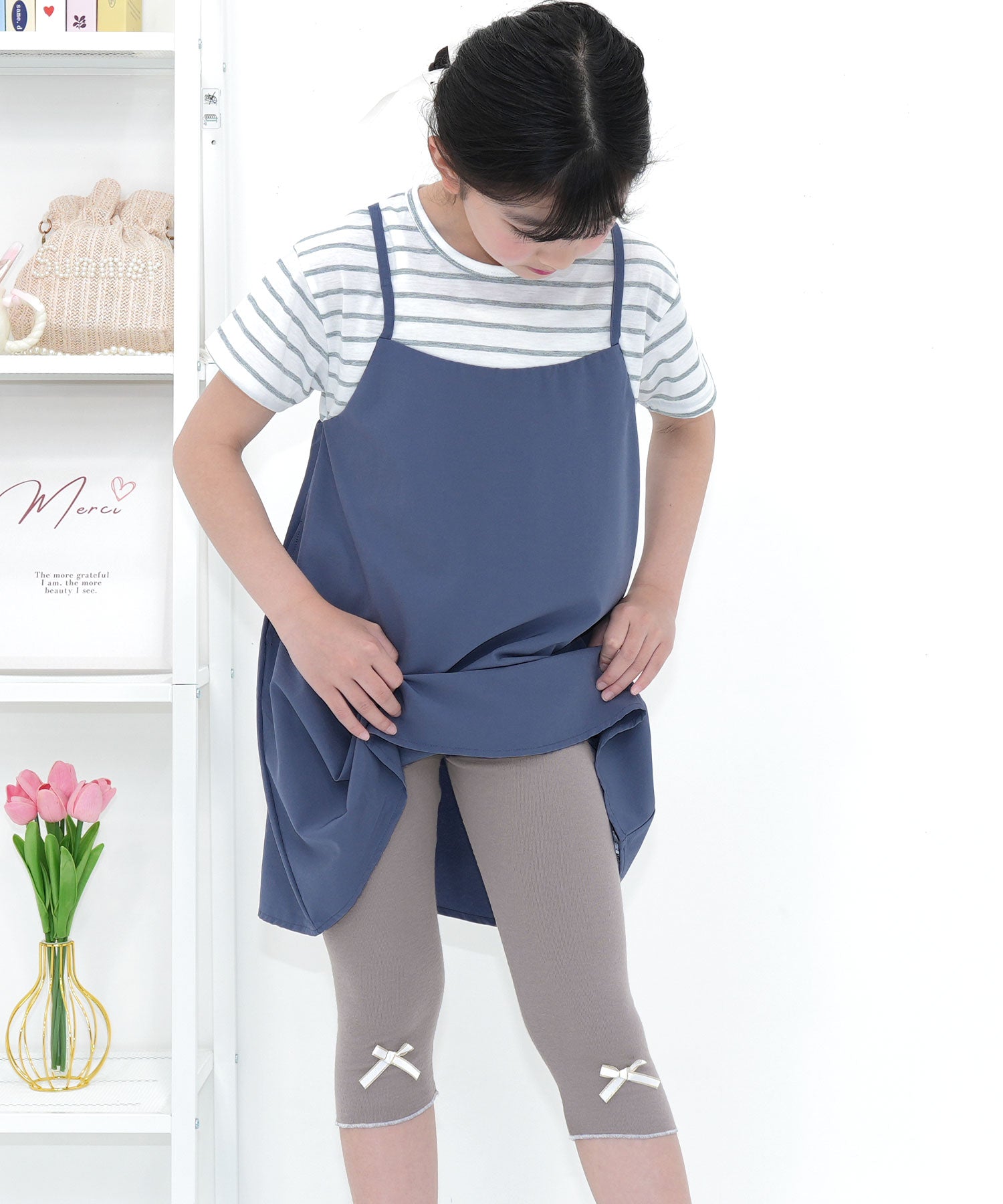 コドモフク ビー 子供服Bee 7分丈リボンメロウレギンス グレーラベンダー