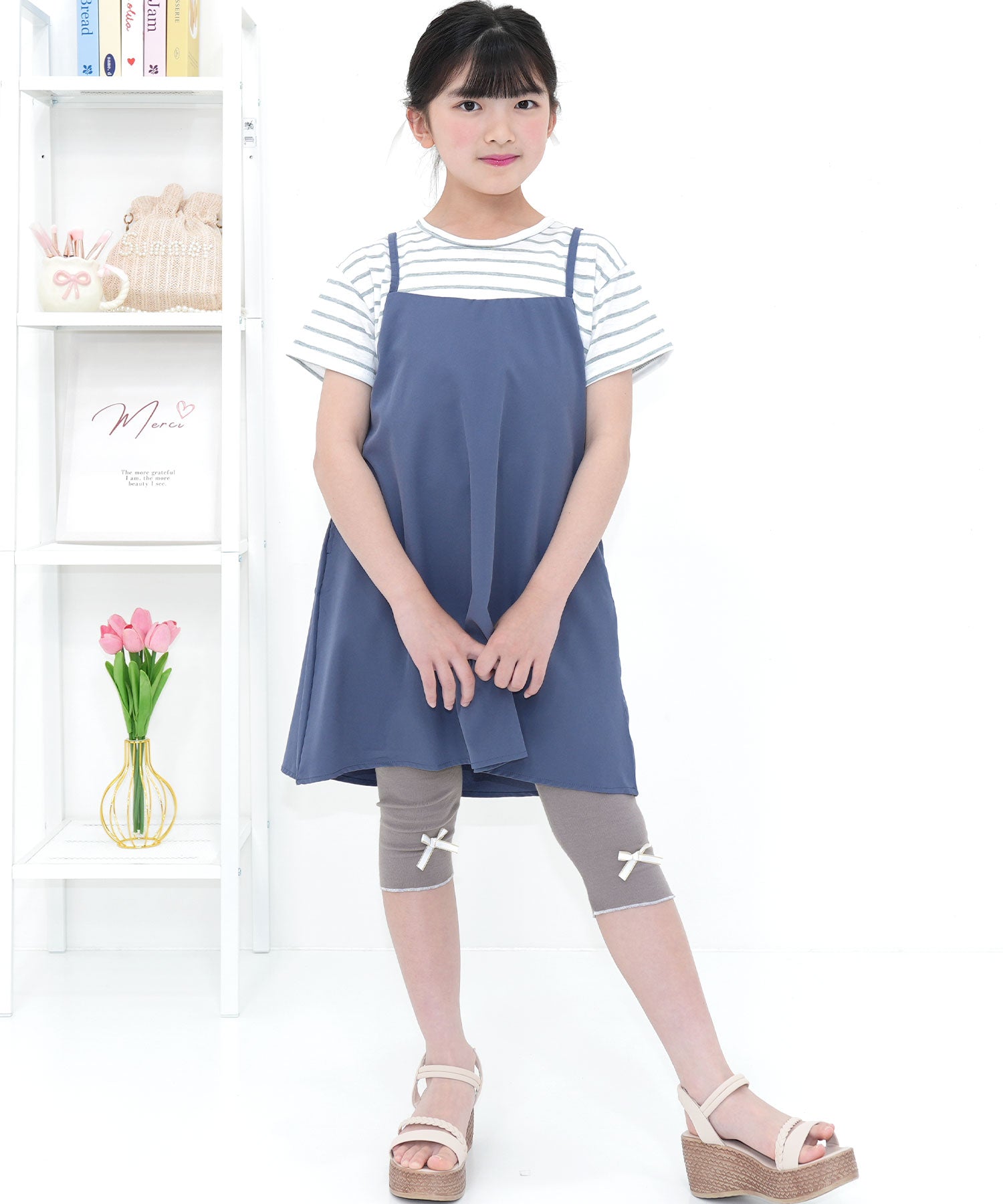 コドモフク ビー 子供服Bee 7分丈リボンメロウレギンス グレーラベンダー