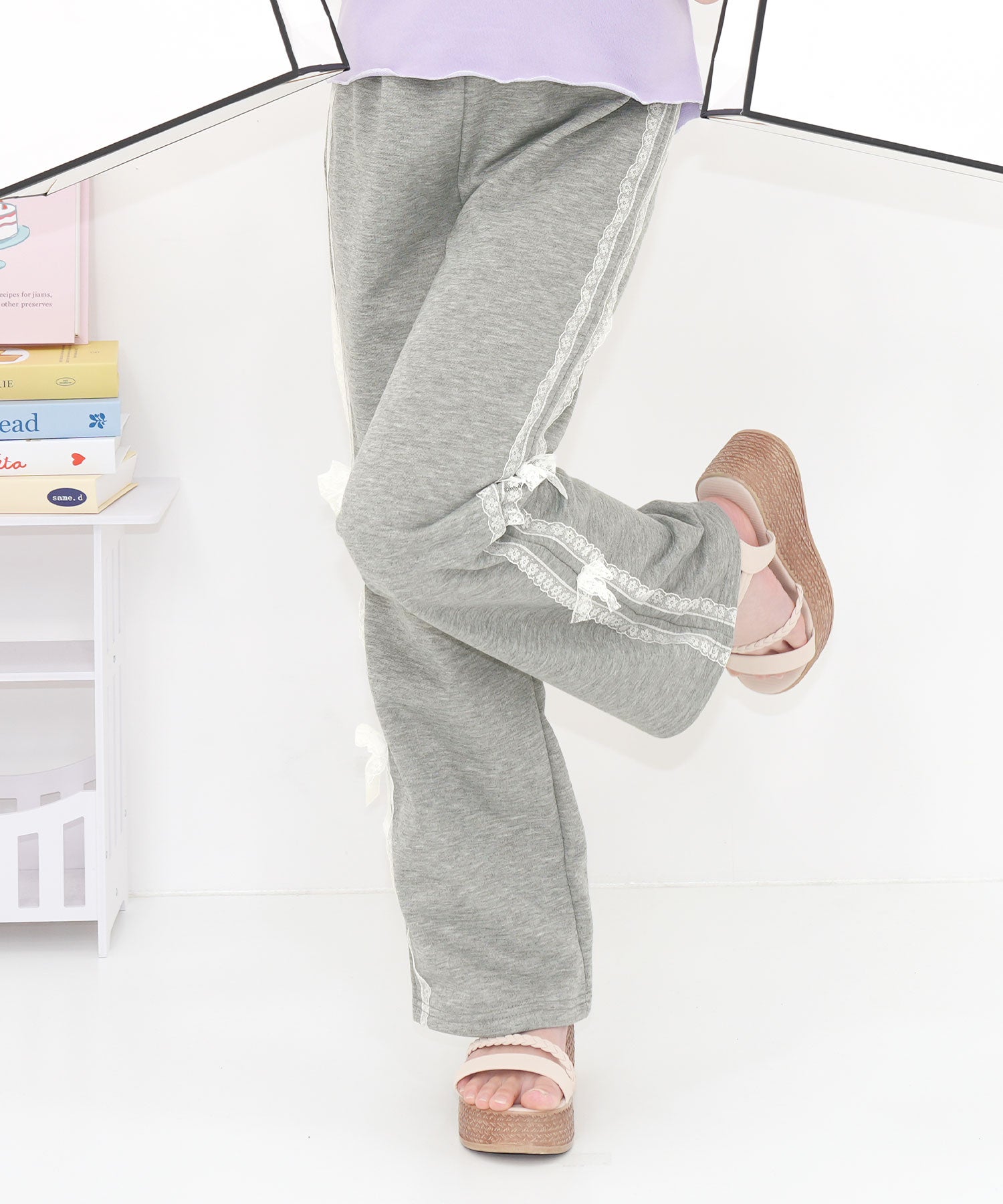 コドモフク ビー 子供服Bee レースラインリボンパンツ （杢グレー×レースライン） 杢グレー×レースライン