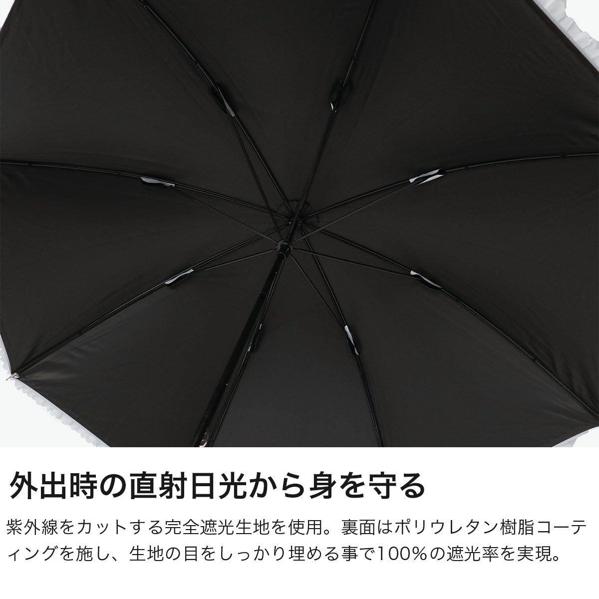 ビコーズ because 傘 レディース おしゃれ 50cm 長傘 日傘 晴雨兼用 大人女子 軽量 雨傘 UVカット 完全遮光 遮断効果 紫外線対策 通勤 通学 裏面黒 フリル PUヒートカットフリル B-956157（ブラック） ブラック